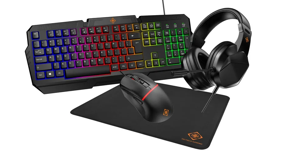 Deltaco Gaming GAM-174-US 4-i-1-gamingsæt - US-layout Headset/Mus/Tastatur/Musemåtte Bundle — produktfoto